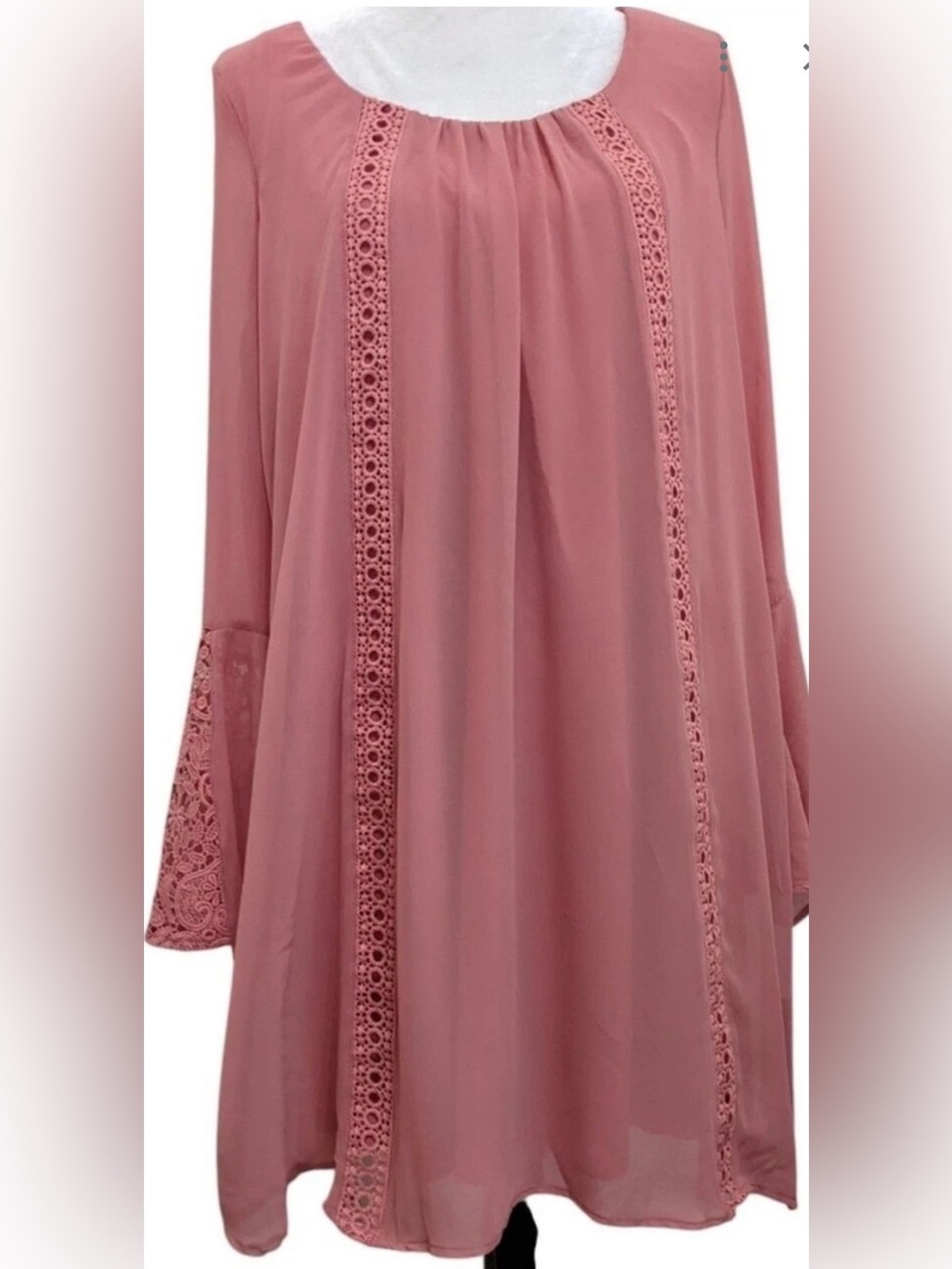 NWT Sequin Hearts Women Large Boat Neck Tunic Shirt/Pink/Lace/Bell Sleeves/Lined